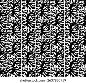 abstract geometric foliage, ink plant leaves black and white seamless pattern, vector illustration endless repeatable texture 