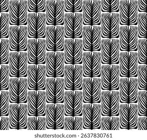 abstract geometric foliage, ink plant leaves black and white seamless pattern, vector illustration endless repeatable texture 