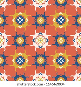 Abstract Geometric Folk Doodle Shapes, Vector Pattern Background Seamless,Hand Drawn Ornament Illustration for Trendy Home Decor, Textiles, Gift Wrap, Fashion Print, Modern Stationery, Red Blue Yellow
