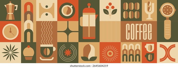 Abstract geometric food pattern with coffee beans, leaves, drink cup, bakery dessert in bauhaus style. Vector minimalist seamless background, design template for restaurant cover, cafe menu, package