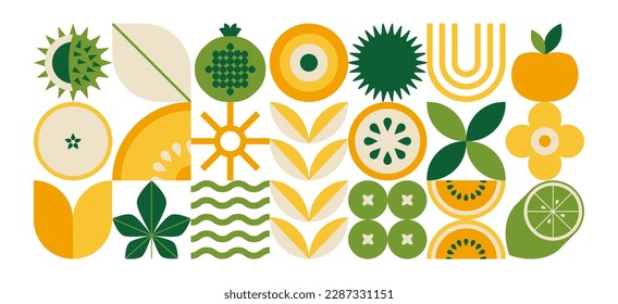 Resumen del patrón de alimento geométrico. Mínima planta de fruta natural simple, concepto de agricultura ecológica. Banner vectorial floral