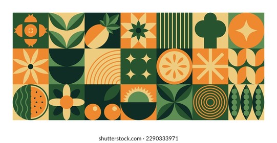 Abstract geometric food pattern. Minimal natural vegetable fruits plants simple shapes, agriculture concept. Vector banner