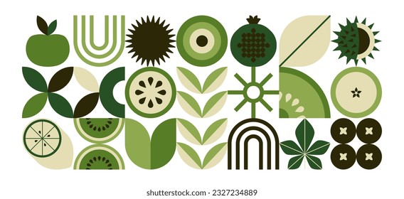 Abstract geometric food pattern. Minimal natural fruit plant simple shapes floral poster layout, eco agriculture concept. Vector banner