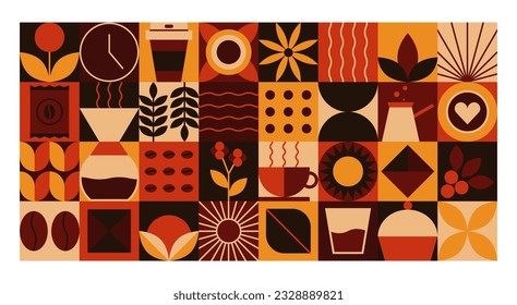 Abstract geometric food pattern. Minimal natural coffee leaf flower plants simple shapes, eco agriculture concept. Vector banner