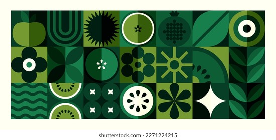 Abstract geometric food pattern. Natural fruit vegetable plants simple shapes, agriculture concept. Vector illustration