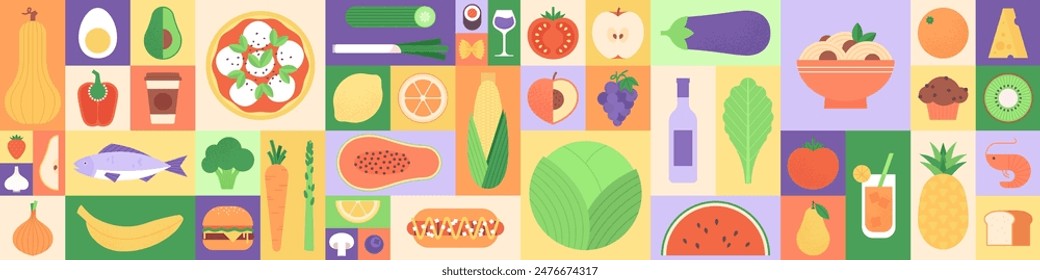 Abstract geometric food in square tiles. Fruits and vegetables. Coffee wine cocktail burger pizza sushi muffin hot dog shrimp noodles racy vector set