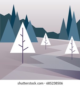 Resumen del paisaje forestal geométrico con pinos y montañas. Ilustración del vector