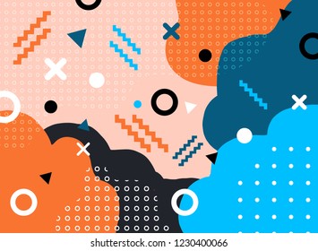 Abstract geometric form with line and dots pattern trendy memphis style on colorful background. Vector illustration