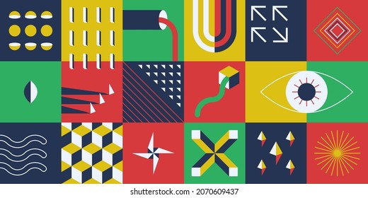 Abstract geometric forms. Bold brutalism figures design, primitive bauhaus tiles collage of basic shapes, minimalistic colorful ornament. Vector neo geo set