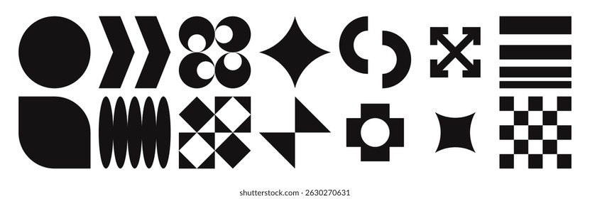 Abstract geometric forms. Brutalist shapes, trendy Y2K signs.