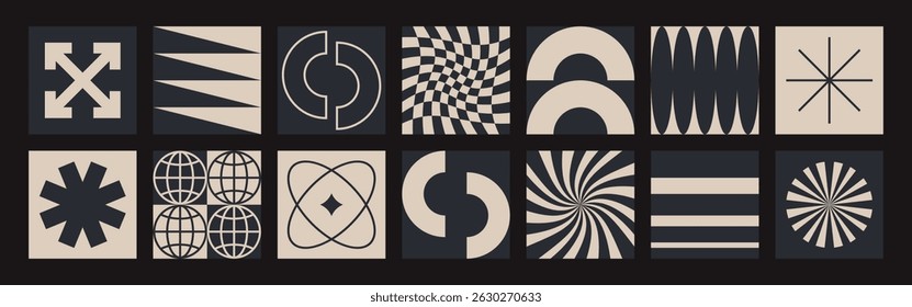 Abstract geometric forms. Brutalist shapes, trendy Y2K signs.