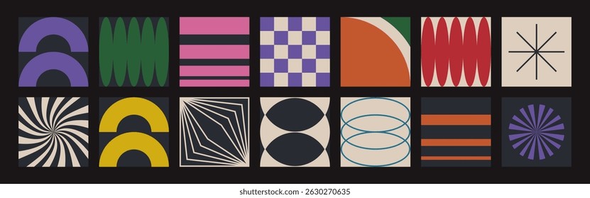 Abstract geometric forms. Brutalist shapes, trendy Y2K signs.