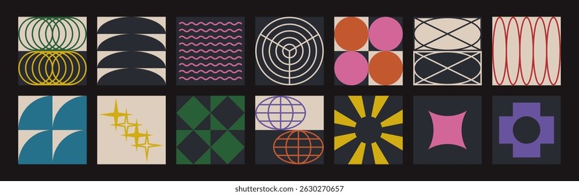 Abstract geometric forms. Brutalist shapes, trendy Y2K signs.