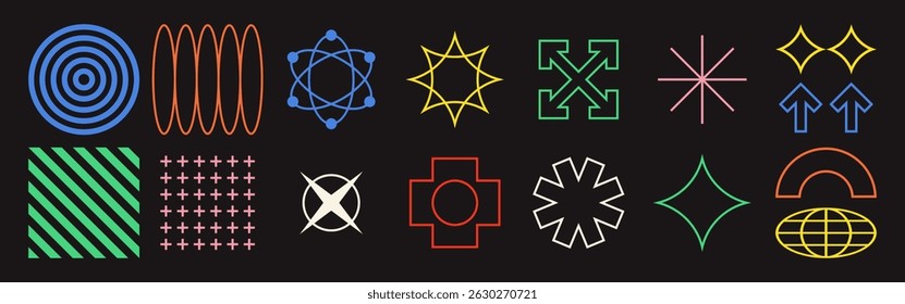 Abstrakte geometrische Formen. Brutalistische Formen, trendige Y2K-Zeichen.