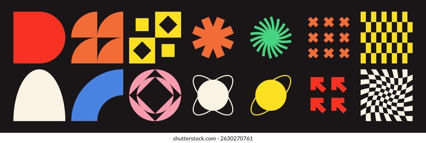 Abstract geometric forms. Brutalist shapes, trendy Y2K signs.