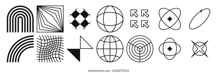 Abstract geometric forms. Brutalist shapes, trendy Y2K signs.