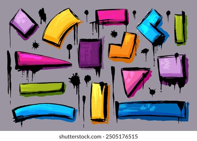 Abstract geometric forms, figures. Hand drawn boxes, frames, textures, patterns, drops. Graffiti design elements. Street art design. Rought messy textures. 