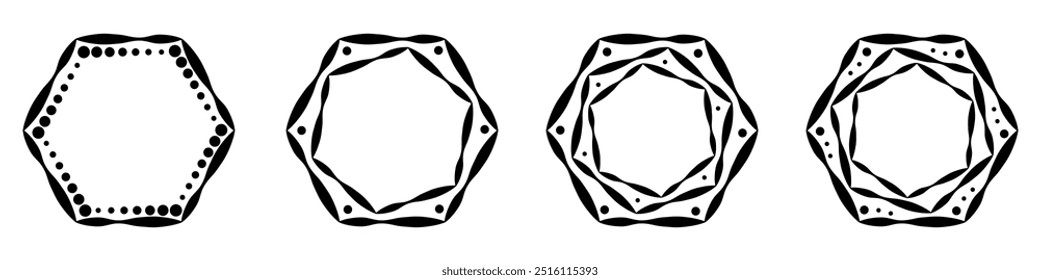 Abstractas geométrico Cuatro marcos hexagonales en blanco y negro están aislados sobre un fondo blanco, formando un conjunto. Ilustración vectorial.