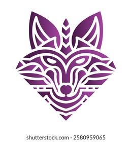 Abstract geometric fox logo in purple with tribal patterns, featuring clean lines and symmetry. Ideal for branding or design. Purple geometric fox tribal logo design