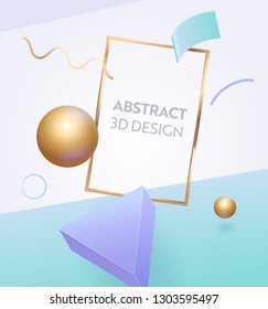 Abstract Geometric Frame 3d Banner Design. Digital Graphic Figure Background for Advertising Marketing Poster. Dynamic Element Bright Sign with Modern Creative Golden Sphere Vector Illustration