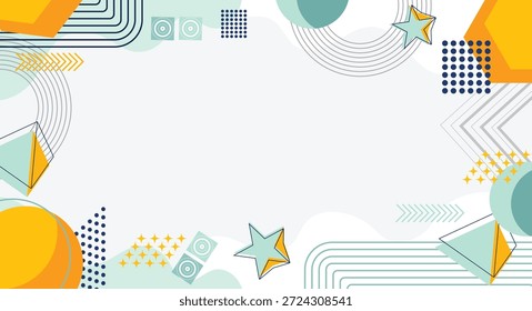 Abstract Geometric Frame Background with Stars, Arrows and Dots in Yellow and Teal, Modern Playful Design with Copy Space.
