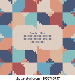 Abstract geometric Frame card template with stylised flowers on a colourful chessboard in retro style. Decorative grid texture can be also used for seamless gift paper. Write your own Text.