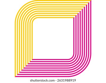 Abstract geometric frame of colored parallel lines curved at an angle of 90 degrees. Yellow and purple lines on a white background. Modern minimalist design element, for backgrounds, presentations
