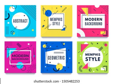 Abstract geometric frame. Memphis square cards, funky colourful stripes and dots shapes and quotes text frames background. Futuristic brochure, advertising 80s frames. Isolated vector icons set