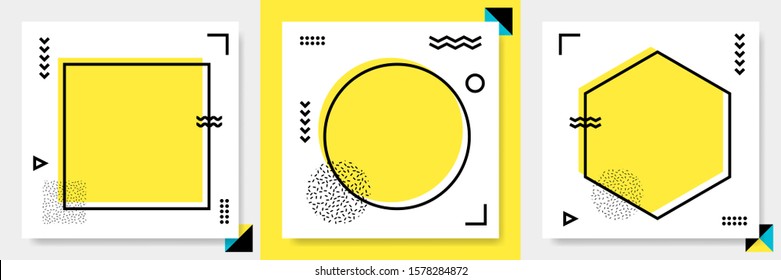 Abstract geometric frame set. Memphis square cards, funky stripes and dots shapes and quotes text frames background. Futuristic brochure, advertising 80s frames. Isolated vector illustration.