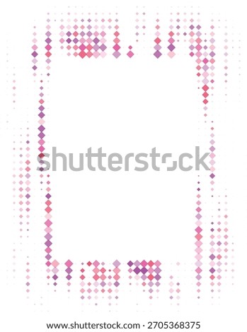 Abstract geometric frame with vibrant pink and purple diamond shapes, creating a modern pixelated border design on a clean white background, perfect for digital art and creative projects.