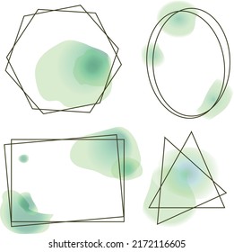 Abstract geometric frames with green watercolor spots of different shapes. Set of graphic vector images
