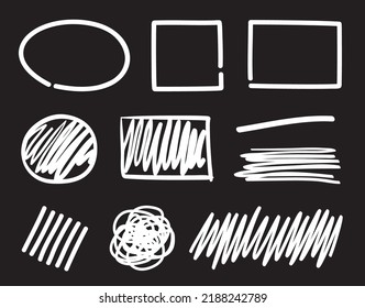 Abstract geometric frames. Hand drawn white hatched shapes on black. Abstract hatching. Sketchy tangled elements. Freehand scrawls. Black and white illustration