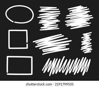 Abstract geometric frames on a blackboard. Hand drawn white hatched shapes on black. Abstract hatching. Sketchy elements. Freehand scrawls on a chalkboard. Black and white illustration