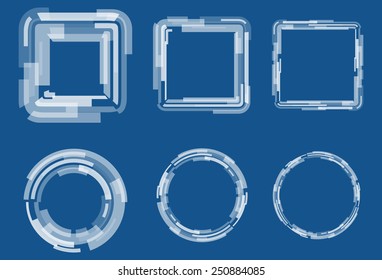 Abstract geometric framework set  of rectangles with different transparency. Square and round shapes. Vector futuristic design elements. Blue and white colors.