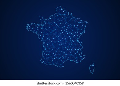 Abstract geometric of France map polygonal line, structure and point scales on blue dark background with lights and dots. Vector illustration eps 10.