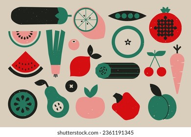 Abstract geometric fruits berries vegetables. Modern nature eco products, fresh food simple shapes minimalist style. Vector set