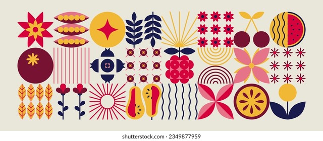 Abstract geometric fruits pattern. Natural organic flower food shapes, modern brand identity package design. Vector background