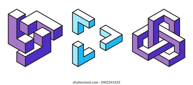 Resumen de formas geométricas de diversión aisladas en fondo blanco. Conjunto de formas imposible. Ilustración vectorial.