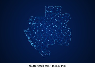 Abstract geometric of Gabon map polygonal line, structure and point scales on blue dark background with lights and dots. Vector illustration eps 10.