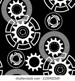 Abstract geometric gear, cogwheel, circles, lines, rays, dotted lines Seamless pattern Science technology industry. White and black