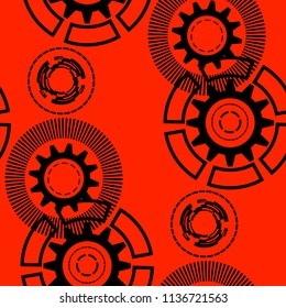 Abstract geometric gear, cogwheel, circles, lines, rays, dotted lines Seamless pattern Science technology industry. Red and black