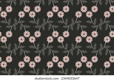 Abstract geometric gerbera flower n leaf seamless pattern. Light pink and brown element on black background. For male masculine cloth lady dress silk scarf fabric apparel textile garment cover skirt 