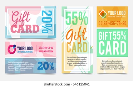 Abstract geometric gift cards design templates set. Vector discount coupons in minimalistic style. Vouchers mock ups