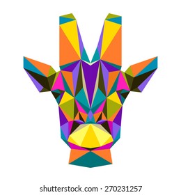 Abstract geometric giraffe portrait. Polygonal triangle motley giraffe isolated on white painted in imaginary colors for use in design card, book, poster,  placard. 