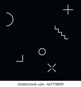 Abstract geometric glowing shapes on black background. Seamless pattern. White lines