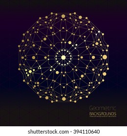 Abstract geometric gold lattice, the scope of molecules, the molecules in the circle. Round composition of the molecular lattice.Gold symbols composition for your design.