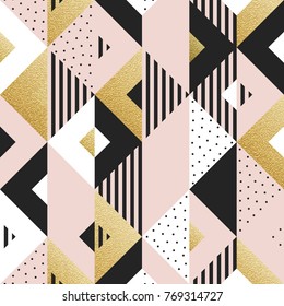 Abstract geometric gold pattern background of square and triangle elements for modern trendy golden design template. Vector geometry backdrop or gold glitter texture background for poster or banner