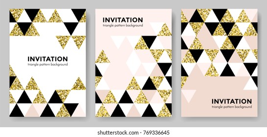 Abstract geometric gold pattern background for invitation card design template of square and triangle modern trendy golden elements. Vector geometry backdrop or gold glitter texture poster background