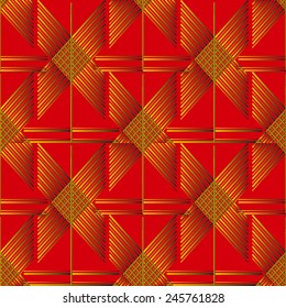 Abstract Geometric Gold Ribbon Seamless Pattern on red background. Ethnic folk style texture. Cloth design. Can be used for wallpaper, pattern fills, web page background and surface textures. 