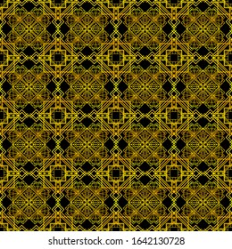 Abstract geometric gold seamless pattern on black background. Retro art deco vintage ornament.
